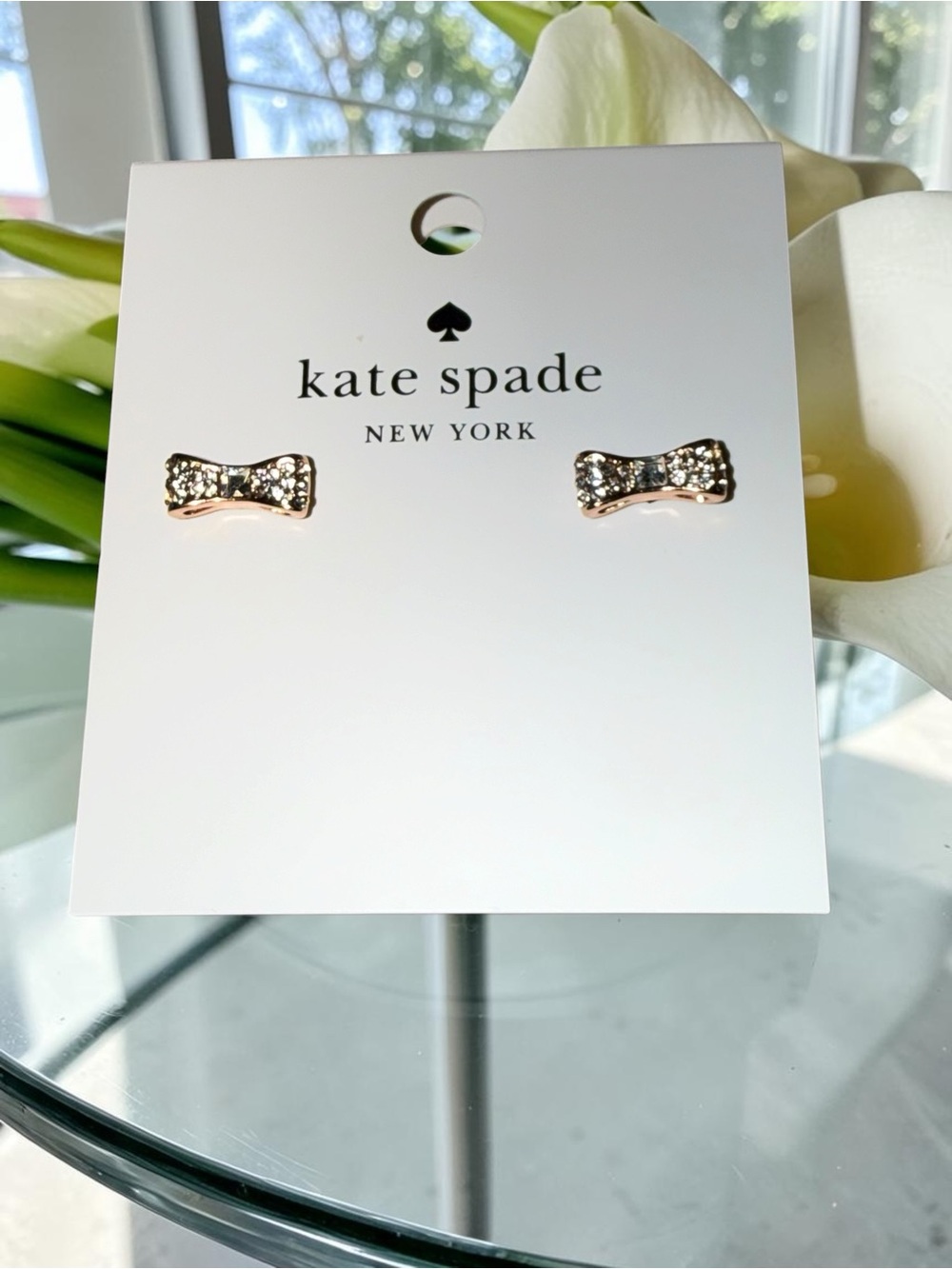 Kate Spade New York "Ready Set Bow" Pavé Bow Stud Earrings. - Picture 2 of 4